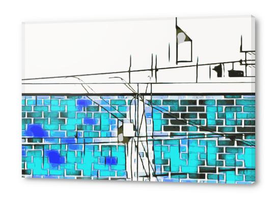blue and dark blue brick building with wire background Acrylic prints by Timmy333
