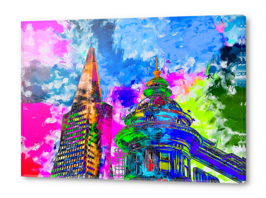 pyramid building and classic building exterior at San Francisco, USA with colorful painting abstract background Acrylic prints by Timmy333