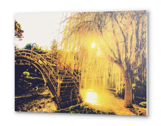 summer light in the garden with tree and wooden bridge Metal prints by Timmy333