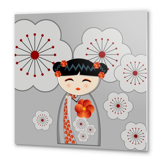 Orange and grey kokeshi Metal prints by PIEL Design