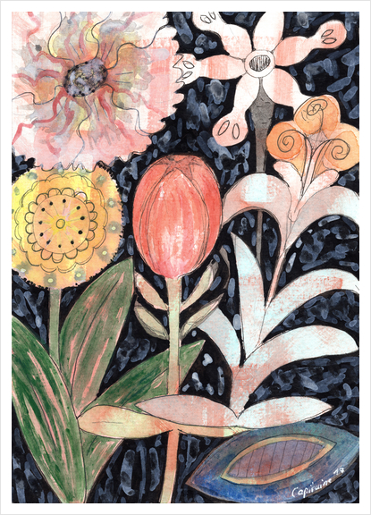 Mixed Flowers with Tulip on Black  Art Print by Heidi Capitaine