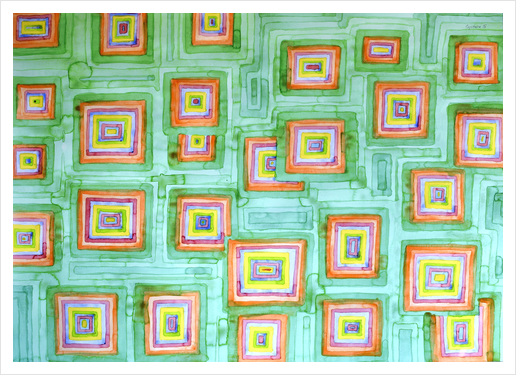 Multicolored Squares on Green Pattern  Art Print by Heidi Capitaine