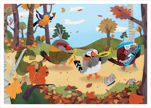 Bird Band Marching Through The Woods Art Print by Claire Jayne Stamper