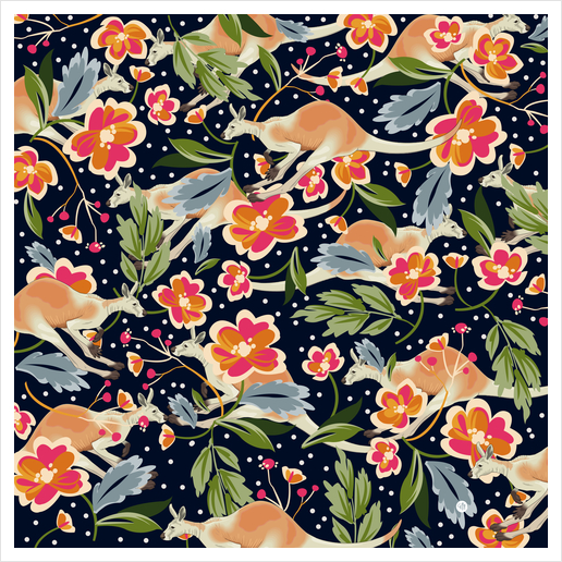 Pattern flowers and kangaroo Art Print by mmartabc