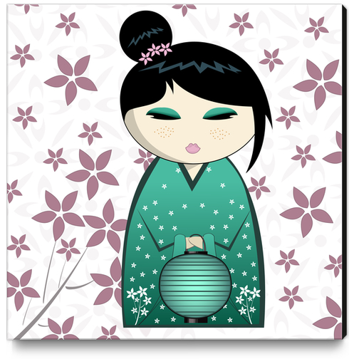 Pink flower kokeshi Canvas Print by PIEL Design