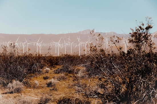 Desert and wind turbine with mountain background at Kern County California USA by Timmy333