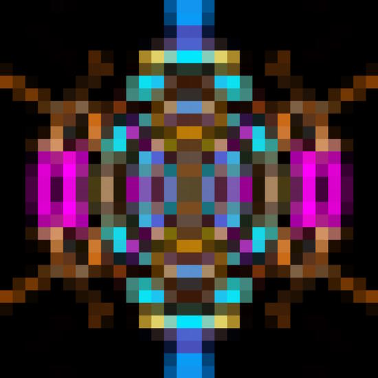 geometric square pixel abstract in blue orange pink with black background by Timmy333