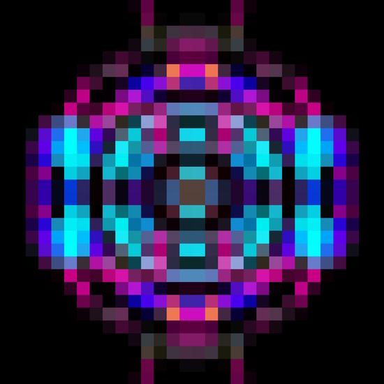geometric square pixel abstract in orange blue pink with black background by Timmy333