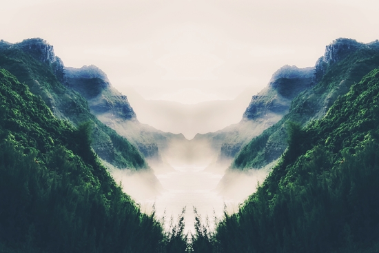 green mountains with ocean view and foggy sky by Timmy333