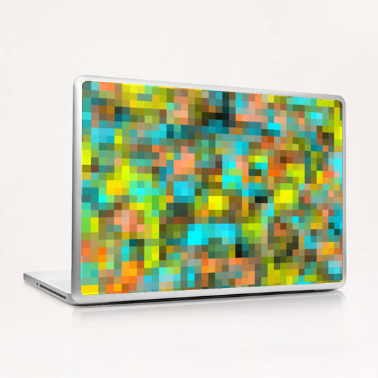 geometric square pixel pattern abstract background in blue yellow pink Laptop & iPad Skin by Timmy333