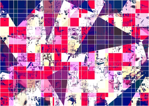 geometric square and triangle pattern abstract in red and blue Mural by Timmy333