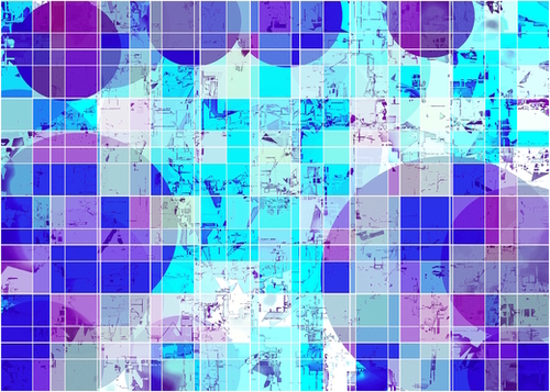 geometric square and circle pattern abstract in blue Mural by Timmy333