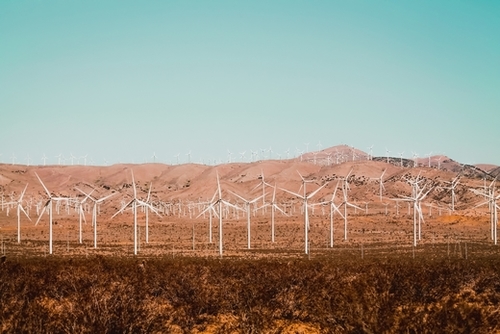 Wind turbine farm with blue sky in the desert at Kern County California USA Mural by Timmy333