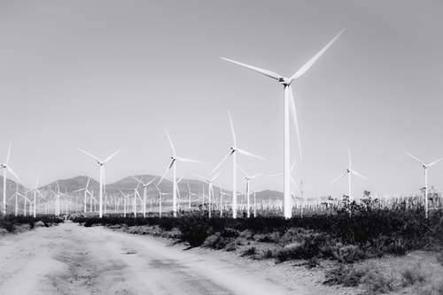 wind turbine and desert view in black and white Mural by Timmy333