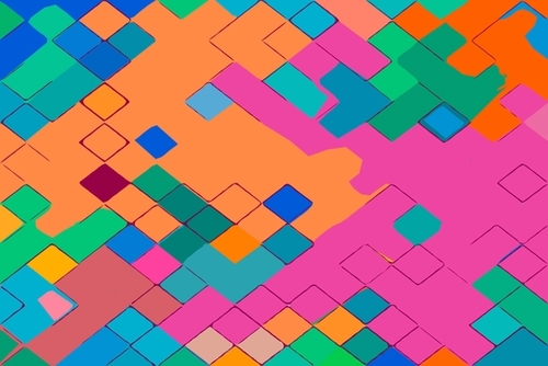 geometric square pixel pattern abstract in pink orange green Mural by Timmy333