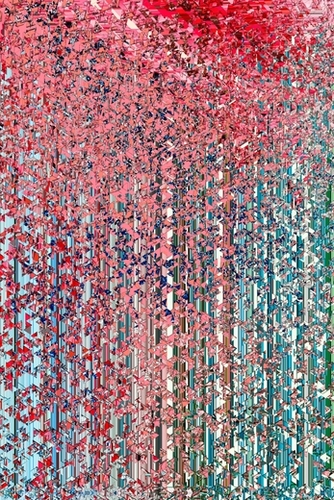 fractal geometric triangle shape abstract art in pink and blue Mural by Timmy333