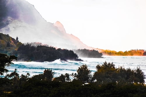 mountains scenic with blue wave at Kauai, Hawaii, USA Mural by Timmy333