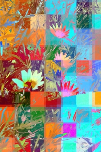 colorful blooming flowers with geometric pixel abstract Mural by Timmy333
