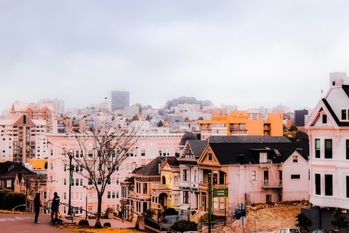 before sunset city view at Alamo Square, San Francisco, California, USA Mural by Timmy333