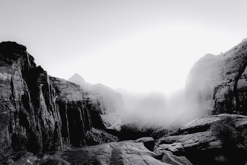 Mountain with sunlight at Zion national park Utah USA in black and white Mural by Timmy333