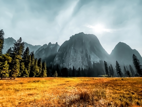 Mountains scenic with blue cloudy sky at Yosemite national park, California, USA Mural by Timmy333