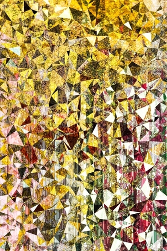 fractal geometric triangle shape abstract art in yellow and red Mural by Timmy333