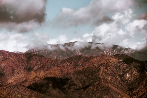 View from the hiking trail with mountain view and blue cloudy sky to Hollywood sign Los Angeles California USA Mural by Timmy333