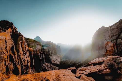 Mountains with blue sunny sky at Zion national park, Utah, USA Mural by Timmy333