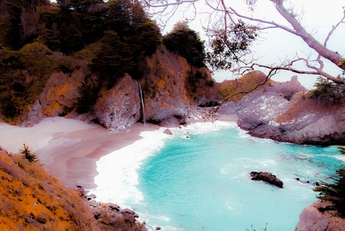 waterfall with sandy beach at Mcway Falls, Big Sur, Highway 1, California, USA Mural by Timmy333