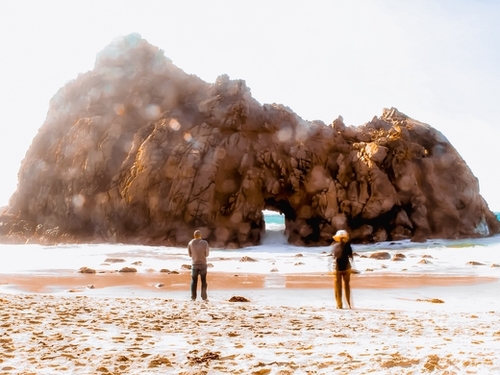 Big stone and sandy beach at Pfeiffer beach, Big Sur, California, USA Mural by Timmy333