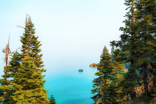boat on the blue lake at Lake Tahoe, California, USA Mural by Timmy333