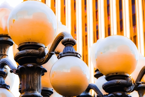 Closeup Urban Lights with building background at LACMA art museum, Los Angeles, California, USA Mural by Timmy333
