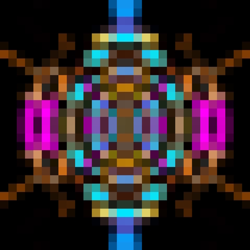 geometric square pixel abstract in blue orange pink with black background Mural by Timmy333