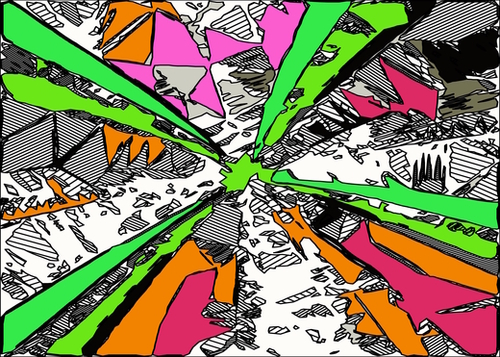 geometric splash drawing and painting abstract background in green orange pink red Mural by Timmy333