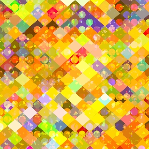 geometric square pixel and circle pattern abstract in yellow orange red blue Mural by Timmy333