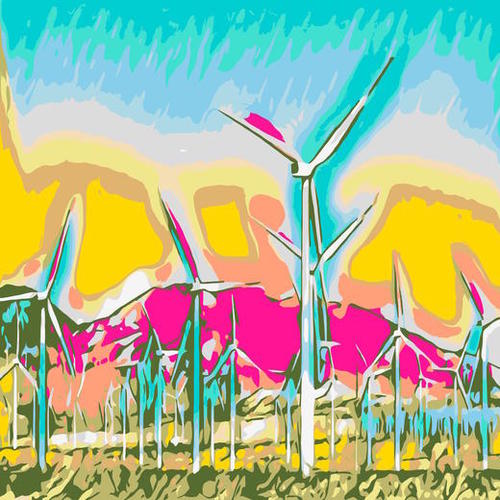 wind turbine in the desert with mountain background Mural by Timmy333