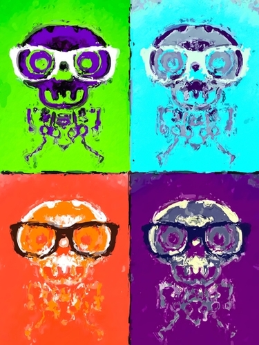 funny skull and bone with glasses with green blue orange and purple background Mural by Timmy333