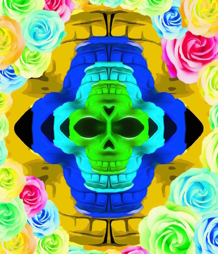 funny skull portrait with colorful roses in pink blue yellow green Mural by Timmy333