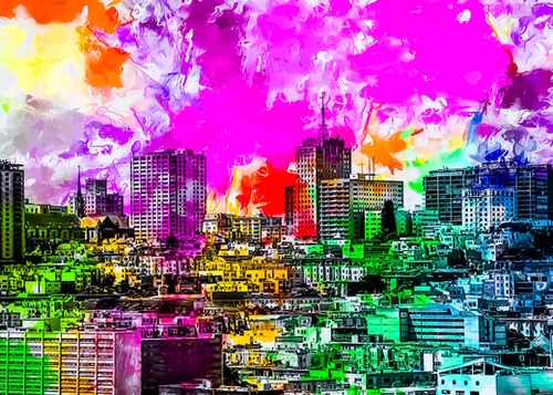 building in the city at San Francisco, USA with colorful painting abstract background Mural by Timmy333