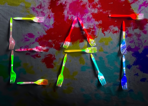 EAT alphabet by fork with red blue green yellow painting abstract background Mural by Timmy333
