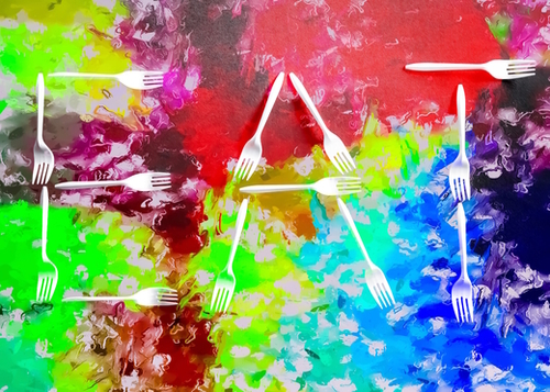 EAT alphabet by fork with colorful painting abstract background Mural by Timmy333