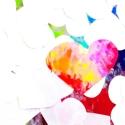 heart shape pattern with red pink blue yellow orange painting abstract background Mural by Timmy333