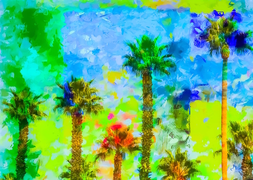 green palm tree with blue yellow green painting abstract background Mural by Timmy333