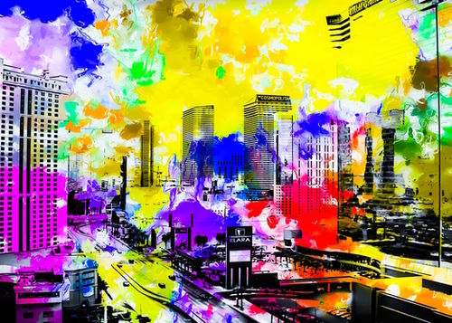 building of the hotel and casino at Las Vegas, USA with blue yellow red green purple painting abstract background Mural by Timmy333