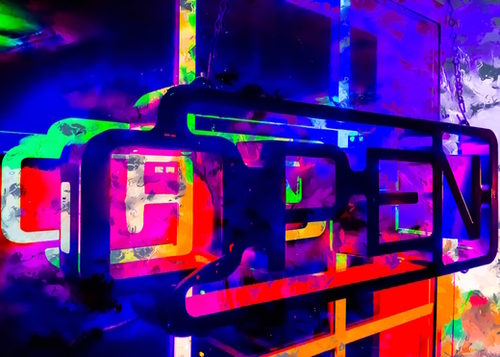 OPEN neon sign with pink purple red and blue painting abstract background Mural by Timmy333