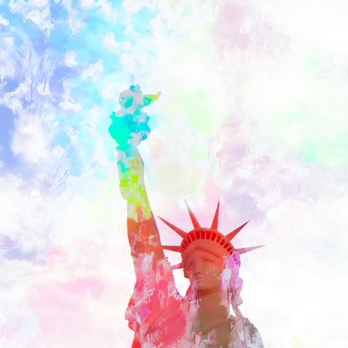 Statue of Liberty with colorful painting abstract background in red pink blue yellow Mural by Timmy333