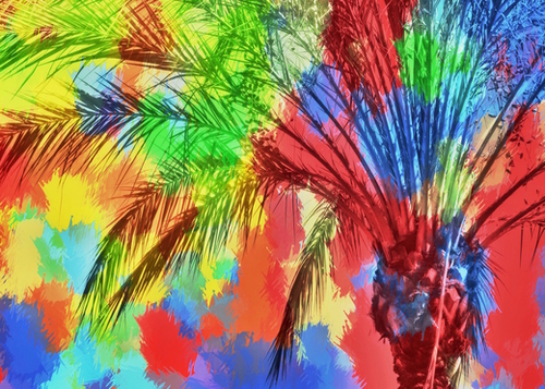 isolate palm tree with painting abstract background in red blue green yellow Mural by Timmy333