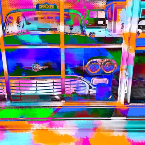 blue classic taxi car with painting abstract in green pink orange  blue Mural by Timmy333