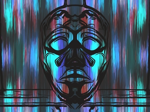 face mask with blue pink and purple background Mural by Timmy333