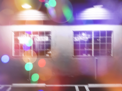 restaurant in the city with the colorful night light bokeh abstract Mural by Timmy333